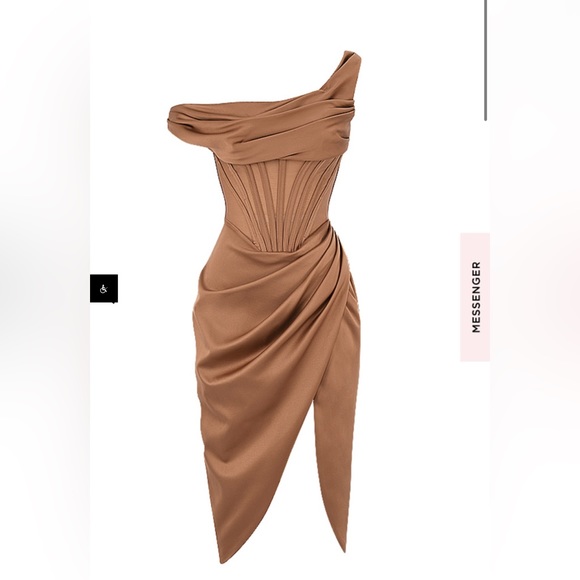 LULU ASYMMETRICAL DRAPE MIDI CORSET DRESS *TOFFEE - Picture 3 of 8